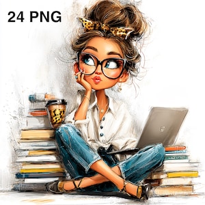 May include: An illustration of a woman wearing glasses, a white shirt, and blue jeans, sitting cross-legged with a laptop. She is surrounded by stacks of books and a coffee cup. The image has the text "24 PNG" in the upper left corner.
