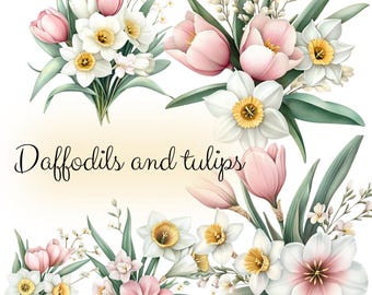 15 PNG Watercolor clipart Daffodils with tulips Watercolor Daffodil Clipart Wedding Clipart Spring Flower Clipart Flower png elements
