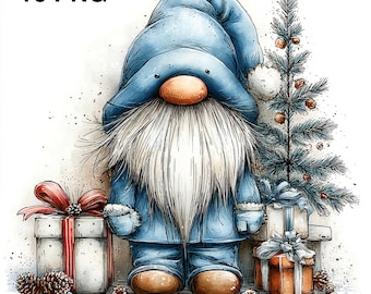 Op de afbeelding: Waterverfillustratie van een kerstkabouter in een blauw outfit en hoed, met een lange witte baard en een ronde oranje neus. De kabouter staat naast een kleine kerstboom en ingepakte cadeaus. De tekst "16 PNG" staat linksboven.