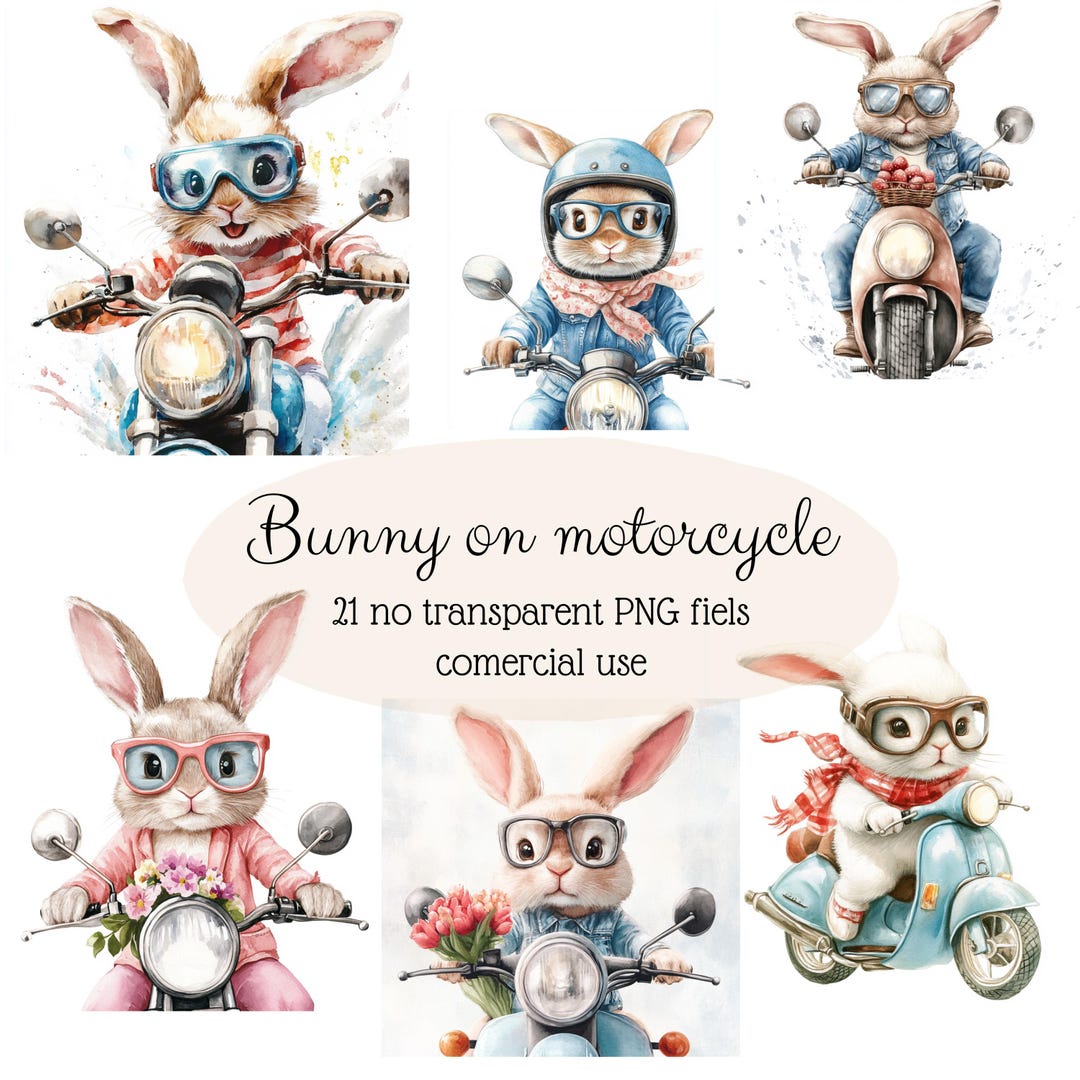 21 Funny Bunny on Motorcycle Clipart Watercolor Bunnies Motorcycle ...