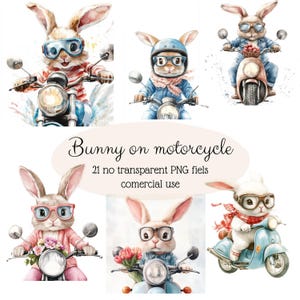 May include: A set of digital illustrations featuring cute bunnies riding motorcycles. The bunnies are wearing glasses and riding different styles of motorcycles, including a classic cruiser, a scooter, and a modern sportbike. The illustrations are in a watercolor style and have a whimsical feel.