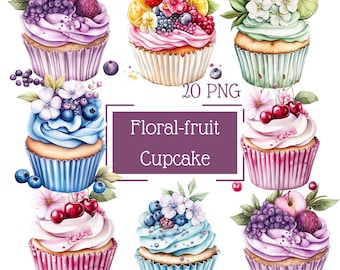 May include: A set of 10 watercolor illustrations of cupcakes decorated with flowers and fruit. The cupcakes are in various colors, including pink, blue, green, and purple. The flowers are in various colors, including white, yellow, and pink. The fruit is in various colors, including red, green, and blue. The cupcakes are all on a white background. 20 PNG.