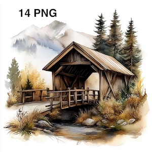 14PNG Wooden Covered Bridge clipart Sublimation designs illustration Rustic Wooden Bridge Crossing Bridge Digital Download Scrapbooking