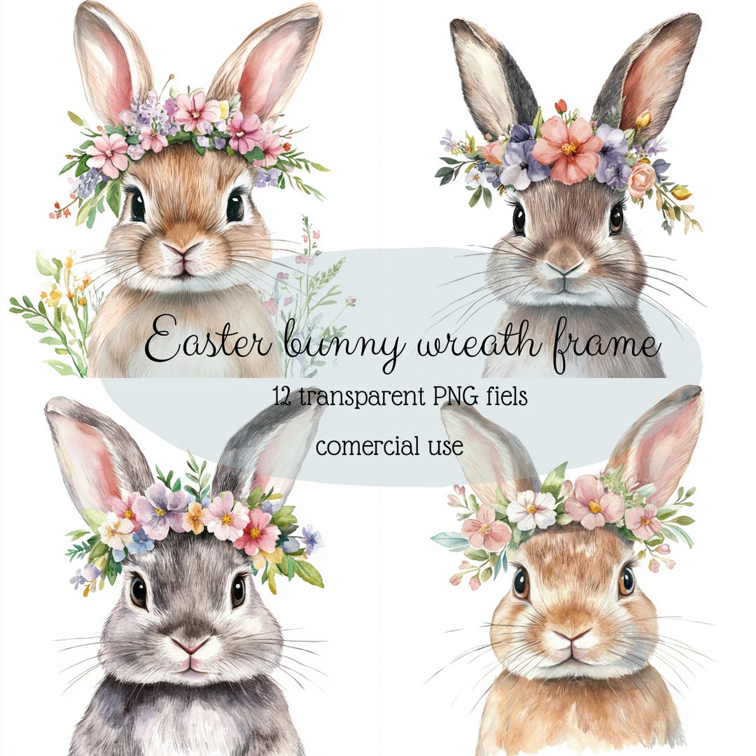 12 PNG Easter Spring Watercolor Clipart Bunny With Flower Wreath ...