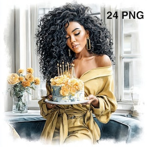 以下が含まれることがあります： ろうそくが灯ったバースデーケーキを持っている人のイラスト。ケーキは黄色の花で飾られています。その人は、肩出しのゴールドカラーのドレスを着ています。画像には「24 PNG」というテキストが含まれています。