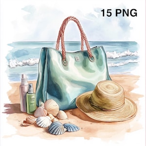 15 Beach Bags flowers Beach View Clipart Watercolor Beach Bag Beach Clipart Digital Download Summer Clipart Watercolor Sea Commercial Use