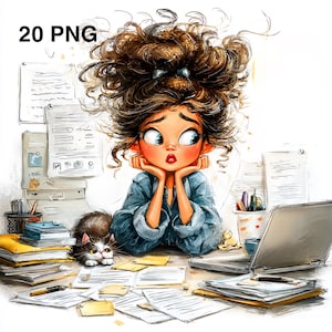 以下が含まれることがあります： ごちゃごちゃした茶色の髪の毛で、あごに手を当てて、書類、ラップトップ、猫に囲まれた、ストレスを感じている人のデジタルイラスト。画像には左上に「20 PNG」という文字があります。