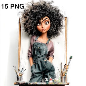 Pode incluir: Ilustração digital de uma jovem com cabelo preto encaracolado usando macacão jeans e uma camisa de manga comprida malva. Ela está em frente a uma tela branca com pincéis e materiais de pintura em uma mesa. O texto "15 PNG" está no canto superior esquerdo.