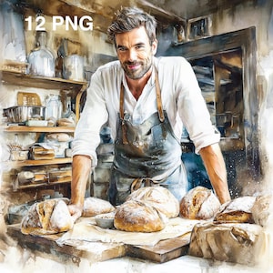May include: Watercolor painting of a baker in a white shirt and apron, smiling at the viewer. Several loaves of freshly baked bread are on a wooden table. The text "12 PNG" is in the upper left corner.