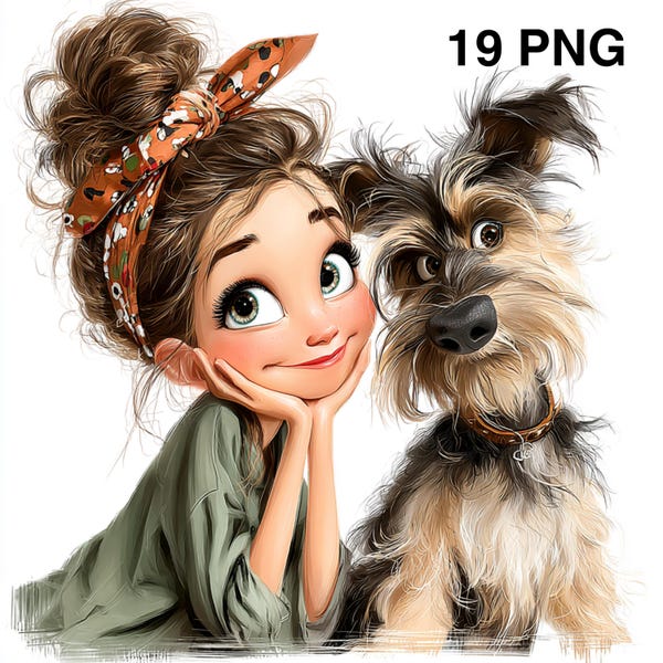 19 PNG Girl and Dog clipart Fun pet lover art Images Illustrations Cute puppy Whimsical watercolor Paper craft Junk Journals