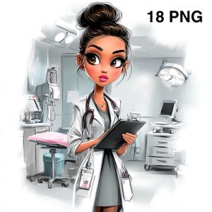 May include: Illustration of a female doctor in a white coat, holding a clipboard, with a stethoscope around her neck. The background shows a medical setting with surgical lights and equipment. The image has the text "18 PNG" in the upper right corner.