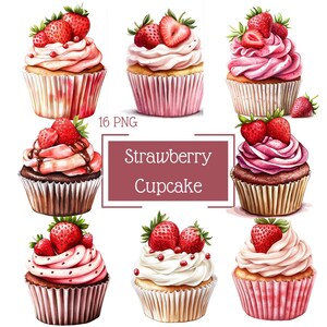 16 PNG Strawberry cupcakes watercolor clipart Srrawberry Dessert Pink Birthday Cake Celebration Image Digital Download Paper Craft Comercial