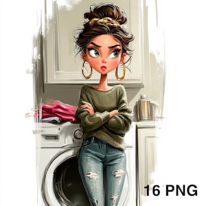 May include: Cartoon illustration of a woman with dark hair in a bun, wearing a green sweater and ripped jeans. She has gold hoop earrings and is standing in front of a washing machine. The image has a cartoon style with the text "16 PNG" in the bottom right corner.
