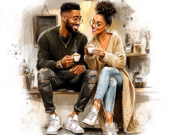 14 PNG Pareja afroamericana en un café ClipArt Scrapbooking Manualidades con papel Diario romántico Cita acogedora de San Valentín Arte de amor negro