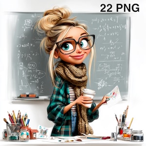 May include: Cartoon illustration of a teacher with blonde hair, glasses, and a scarf, holding a coffee cup and a drawing. She wears a green plaid shirt and stands in front of a chalkboard with equations. The image is labelled "22 PNG".