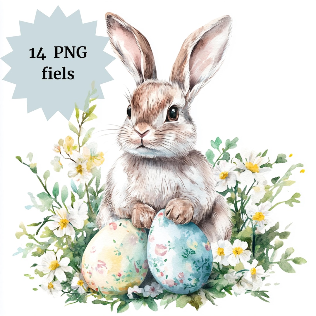 14 PNG Bunnies and Wildflowers Clipart Watercolor Spring Rabbit ...