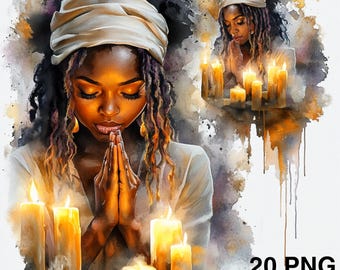 20 PNG Czarna kobieta modląca się ze świecą Afroamerykanka modląca się medytacja clipart Chrześcijańska modlitwa Modlitwa Clipart Cyfrowe pobieranie