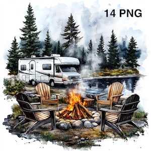 14 PNG Camping Trailer Clipart Bundle Printable Watercolor Mountains clipart Adventure Camping Caravan Campsite print Watercolor Campers