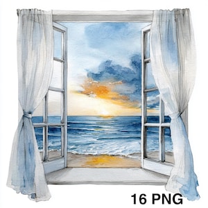 May include: Watercolour painting of an open window with a view of a beach at sunset. The white window has open panes and sheer white curtains. The ocean is blue with waves, and the sky is a mix of blue, orange, and yellow. Text at the bottom reads "16 PNG".