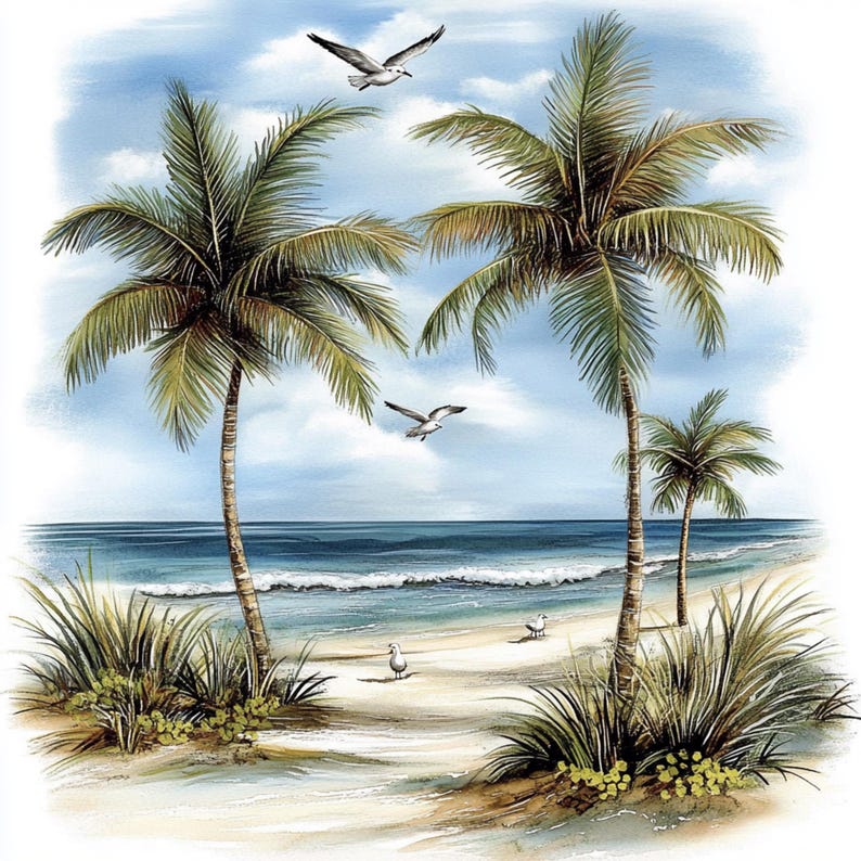 16 PNG Beach Scene Clipart Sunny Beach Watercolor Palms in Beach ...