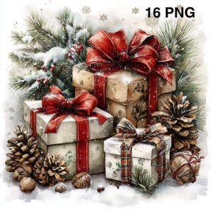 May include: A watercolour illustration of Christmas gifts with red bows, pine cones, and evergreen branches. The gifts are in various sizes and patterns, with a snowy effect. Text in the upper right corner reads "16 PNG".