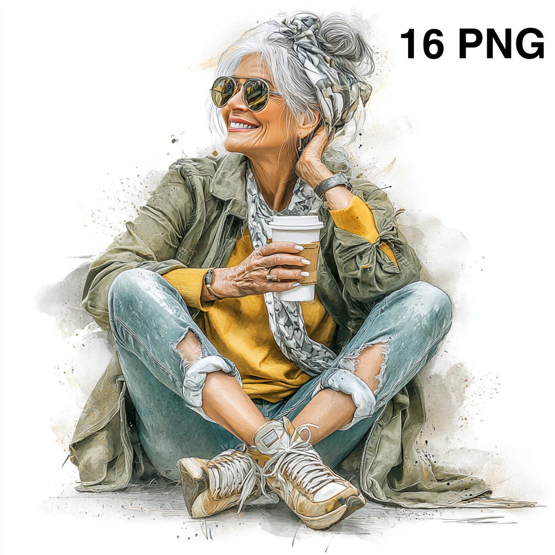 Elderly Woman Coffee Clipart: Stylish Grandma Fashionable Senior Art ...
