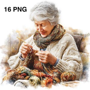 16 PNG Senior Lady Knitting Clipart Grandma Crochet Clipart Card Making Digital Download Paper Craft Scrapbooking Card Making Commercial Use