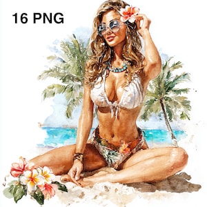 16 PNG Woman on Beach Clipart Tropical Woman Clipart Printable Watercolor clipart Woman relaxing Digital Download Bikini Girl Clipart