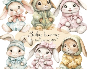 20 PNG Acuarela bebé banny clipart Lindo bebé Animal clipart Bebé conejo PNG Lindo conejo Uso comercial Decoración de guardería Decoración de pared clipart