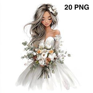May include: A digital illustration of a woman in a white wedding dress, holding a bouquet of white and orange flowers. The woman has long, flowing, light brown hair and is wearing a flower in her hair. The text "20 PNG" is in the upper right corner.