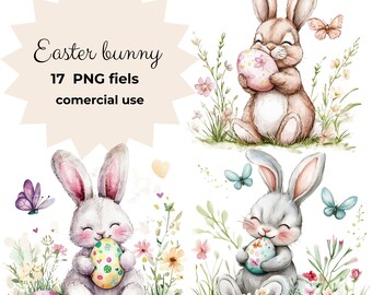 17 PNG Bunnies and Easter egg Easter Clipart Printable Watercolor clipart Spring Rabbit printable png Easter watercolor svg Digital download
