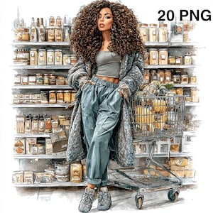 May include: Watercolor illustration of a woman with voluminous brown curly hair, wearing a gray crop top, blue cargo pants, and a long gray coat. She stands near a shopping cart in a grocery store, with shelves of products in the background.