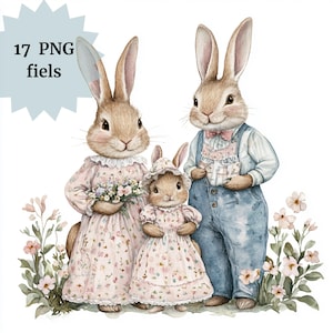 17 Familie Kaninchen Clipart Aquarell Osterhase Frühling Clipart Hochwertige PNG Osterkaninchen Grafik Vintage Kaninchenfamilie Kaninchen Geschwister