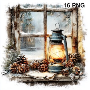 May include: A vintage-style illustration of a window scene with a lit lantern. The lantern is blue with a warm, glowing light. Pine cones and evergreen branches are arranged on the windowsill. The text "16 PNG" is in the upper right corner.