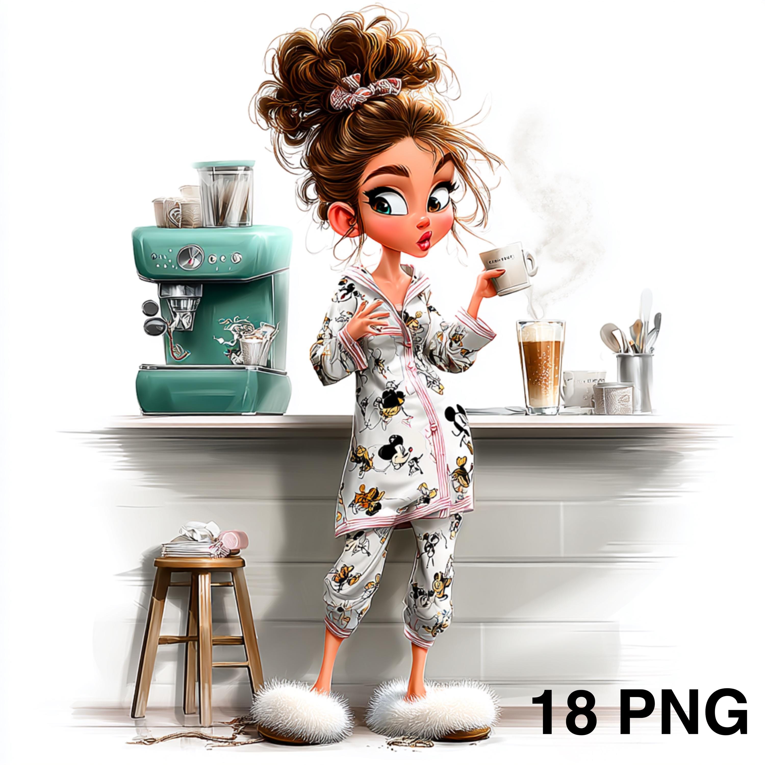 18 PNG Ragazza in pigiama con caffè Clipart divertente sul caffè Ragazza che beve caffè Amanti del caffè Download digitale Clipart sarcastica sul caff