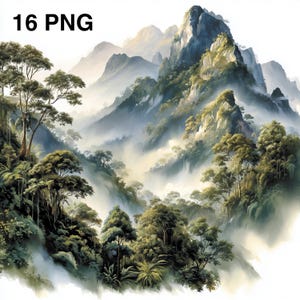 Peut inclure: Impression numérique d'un paysage de montagne avec des arbres verts luxuriants et des vallées brumeuses. L'image présente une chaîne de montagnes imposante avec un effet doux, semblable à une aquarelle. Le texte "16 PNG" est dans le coin supérieur gauche.