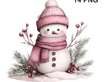 Puede incluir: Ilustración en acuarela de un muñeco de nieve con sombrero a cuadros rosa, bufanda y abrigo de tres botones. El muñeco de nieve tiene una nariz de zanahoria, mejillas rosadas y está rodeado de ramitas de bayas y agujas de pino. El texto "14 PNG".