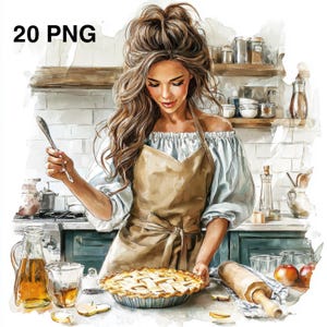 20 PNG Watercolor Woman Cooking Clipart Mom Cooking Cooking Baking Woman in Kitchen Digital download Paper craft Bakery Girl Scrapbooking