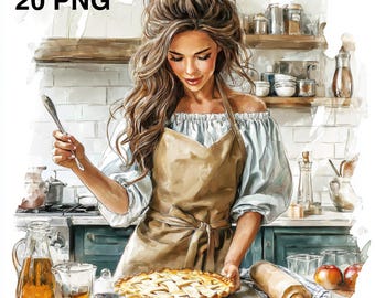 Puede incluir: Ilustración en acuarela de una persona en una cocina, sosteniendo un pastel. La persona lleva un delantal color canela y una blusa blanca con hombros descubiertos. Un pastel recién horneado está sobre la encimera, con un rodillo y manzanas cerca. El texto "20 PNG" está en la esquina superior izquierda.