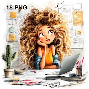 Może przedstawiać: Ilustracja kobiety z kręconymi blond włosami, ubranej w pomarańczowy top i niebieską kurtkę, siedzącej przy biurku z laptopem. Kaktus w doniczce, ołówki i papiery również znajdują się na biurku. Obrazek zawiera tekst "18 PNG".