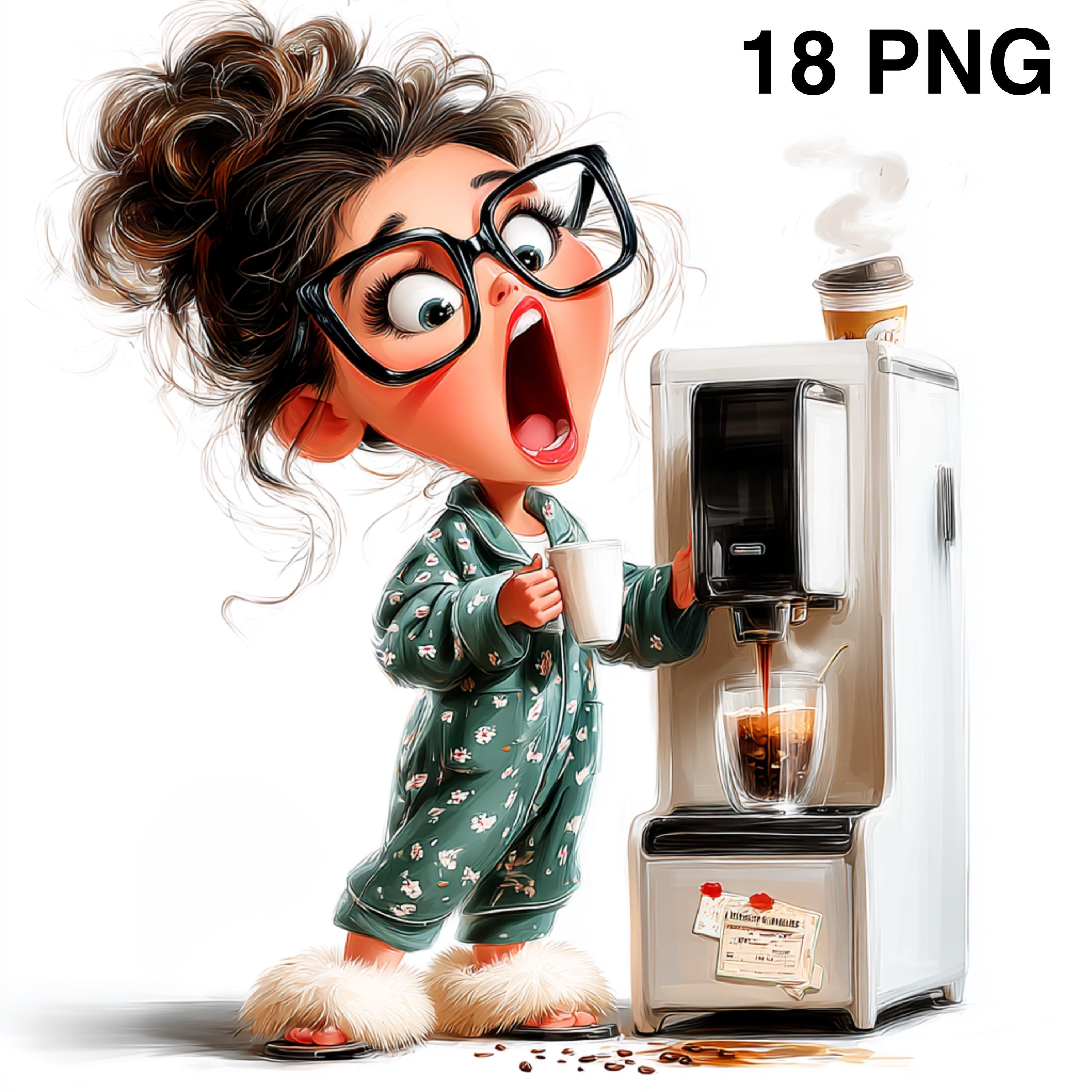 18 PNG Ragazza in pigiama con caffè Clipart divertente sul caffè Ragazza che beve caffè Amanti del caffè Download digitale Clipart sarcastica sul caff