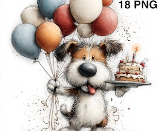 Puede incluir: Ilustración de dibujos animados de un perro sosteniendo globos y un pastel de cumpleaños. El perro tiene pelaje marrón y blanco, una gran nariz negra y una lengua roja. Los globos son en tonos de azul, naranja y rojo. El pastel tiene una vela encendida.