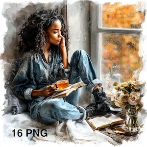 Op de afbeelding: Digitale kunst van een persoon die bij een raam zit, een kopje thee en een boek vasthoudt. De persoon draagt een spijkergoed overhemd en een spijkerbroek. Een vaas met witte rozen staat op de vensterbank. De tekst "16 PNG" is inbegrepen.