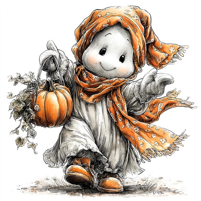 Puede incluir: Ilustraci&oacute;n caprichosa de una figura fantasmal amigable, con una bufanda y un gorro naranja, llevando una calabaza. La figura viste un vestido blanco y zapatos naranjas, con una expresi&oacute;n alegre. El estilo recuerda a la ilustraci&oacute;n de un libro infantil.