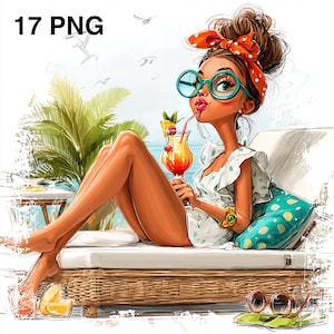 Könnte beinhalten: Illustration einer Person, die sich auf einem Liegestuhl entspannt und einen Cocktail trinkt. Die Person trägt ein weißes Kleid mit blauen Punkten, eine große türkisfarbene Brille und ein orangefarbenes Haarband mit Punkten. Im Hintergrund eine tropische Szene mit Palmen und dem Meer.