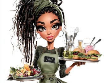 19 PNG Black girl chef Women cooking clipart Bakery Girl Afro-American Girls Card Making Afro cook Baking Woman Digital download Paper craft