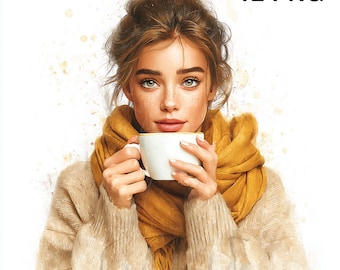 12 PNG Watercolour Girl Having A Coffee clipart American drinking coffee Printable Images Digital download Women fashion clipar Paper craft