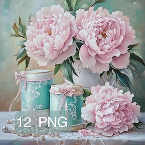 May include: A still life painting featuring a bouquet of pink peonies in a white vase with a decorative green and blue pattern. The vase is surrounded by three decorative jars with pink ribbons and pearls.