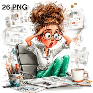 26 PNG Whimsical Working Girl Working on Laptop Quirky Lady Home office clipart Digital Download Creative Junk Journal Lifestyle Crafts