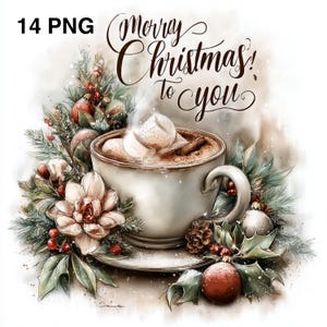 May include: A digital illustration of a festive Christmas scene. A white mug of hot chocolate with marshmallows and a cinnamon stick is surrounded by holiday decorations, including ornaments, pine needles, and the text "Merry Christmas! To you."